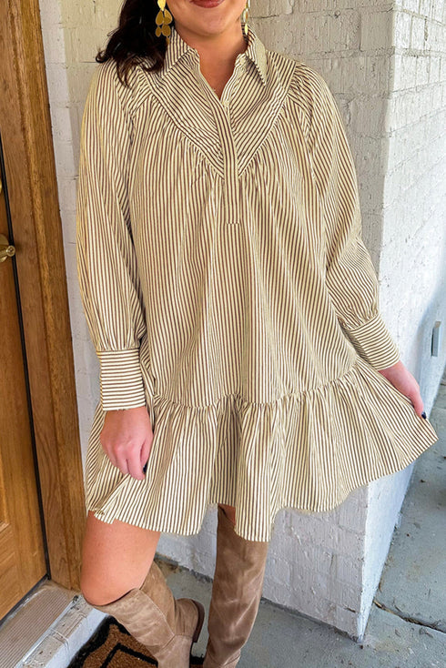 Brown Stripe Collared Neck Cuffed Long Sleeve Drop Waist Mini Dress