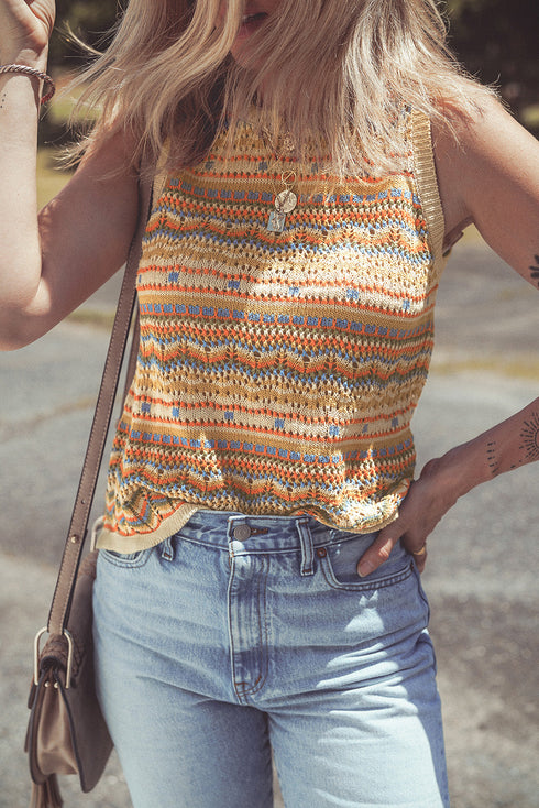 Brown Stripe Eyelet Crochet Round Neck Sweater Vest