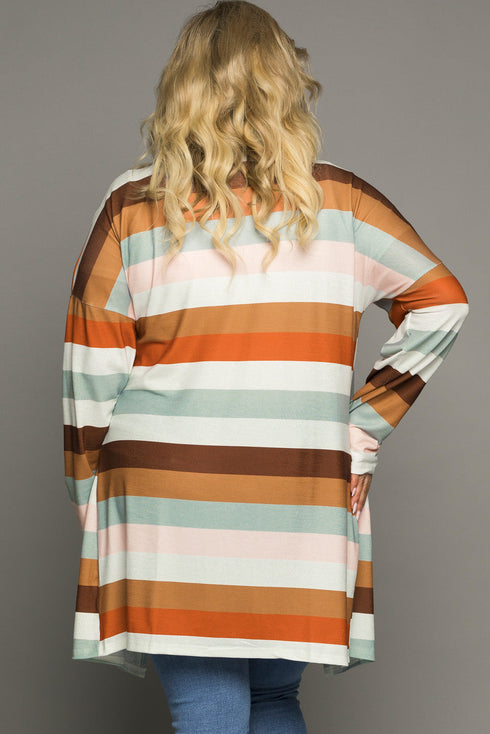 Brown Stripe Print Open Front Plus Size Cardigan With Pocket