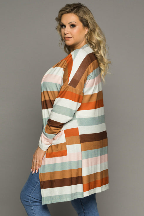 Brown Stripe Print Open Front Plus Size Cardigan With Pocket