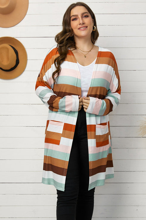 Brown Stripe Print Open Front Plus Size Cardigan With Pocket
