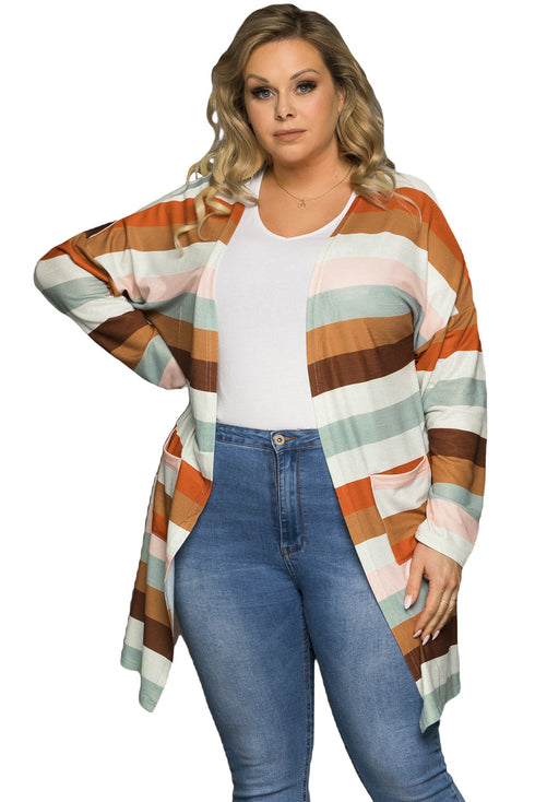 Brown Stripe Print Open Front Plus Size Cardigan With Pocket