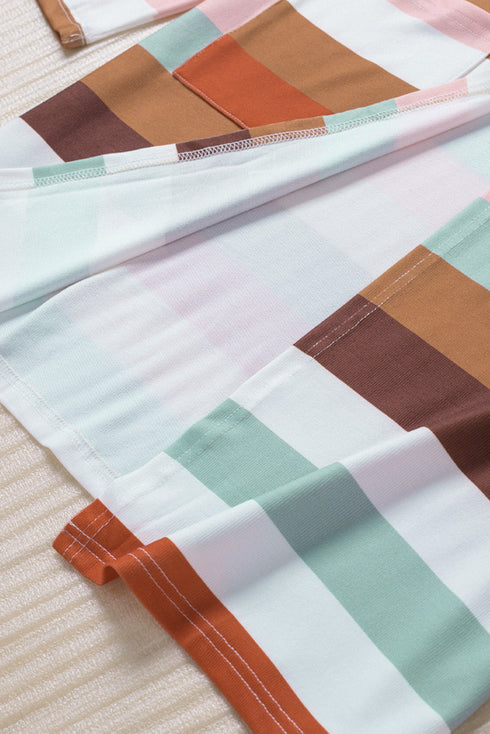 Brown Stripe Print Open Front Plus Size Cardigan With Pocket