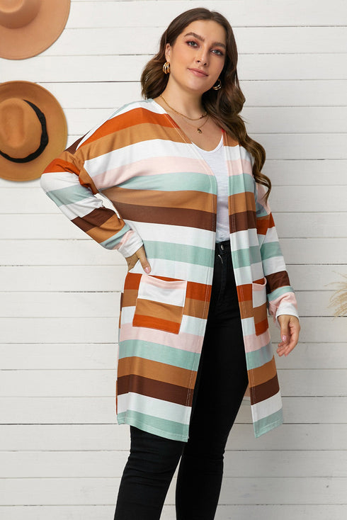 Brown Stripe Print Open Front Plus Size Cardigan With Pocket