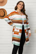 Brown Stripe Print Open Front Plus Size Cardigan With Pocket