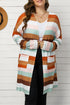 Brown Stripe Print Open Front Plus Size Cardigan With Pocket
