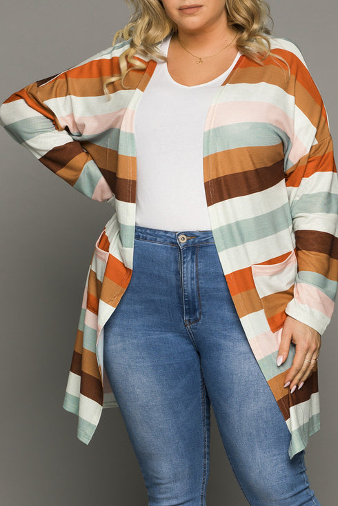 Brown Stripe Print Open Front Plus Size Cardigan With Pocket