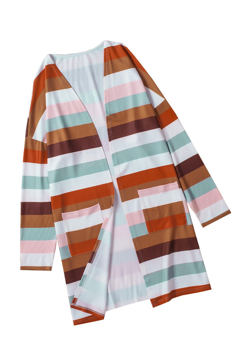 Brown Stripe Print Open Front Plus Size Cardigan With Pocket