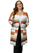 Brown Stripe Print Open Front Plus Size Cardigan With Pocket