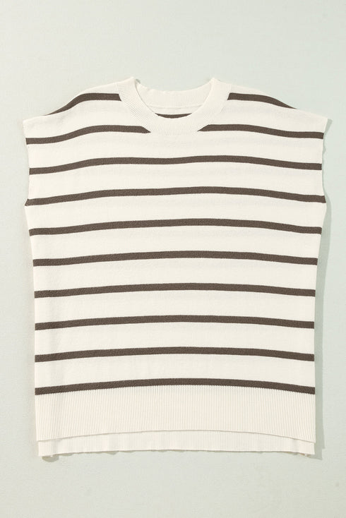 Brown Stripe Side Slits Crewneck Short Sleeve Sweater Tee