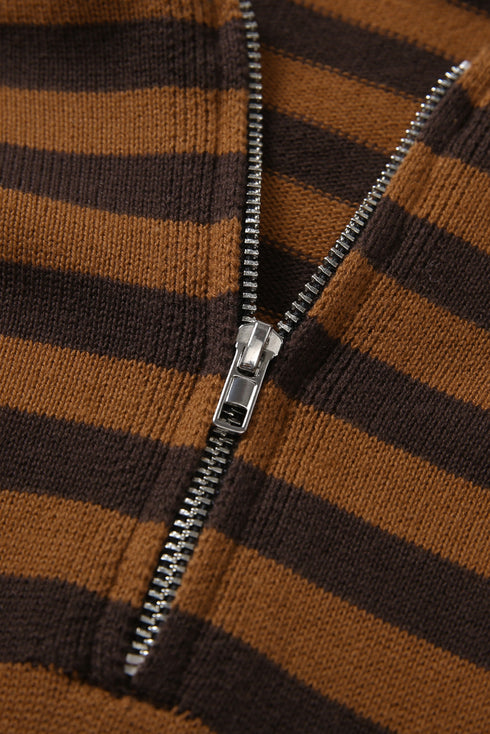 Brown Striped Knit Quarter Zip Hoodie