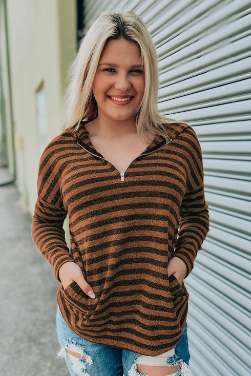 Brown Striped Knit Quarter Zip Hoodie