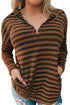 Brown Striped Knit Quarter Zip Hoodie