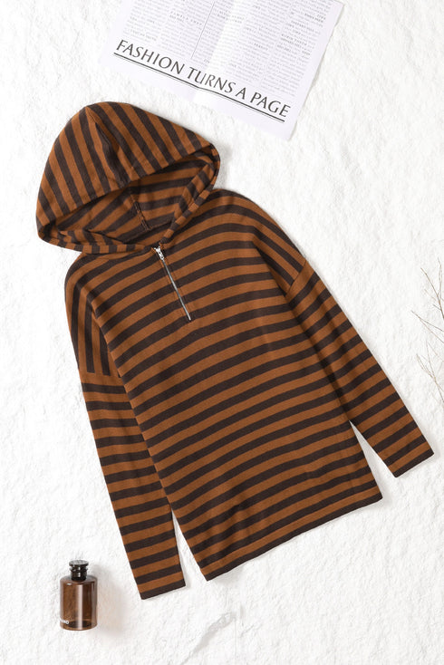 Brown Striped Knit Quarter Zip Hoodie