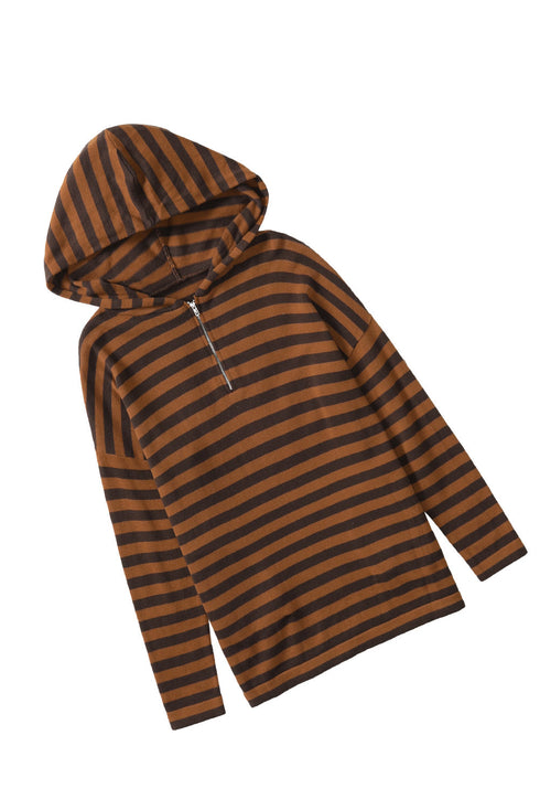 Brown Striped Knit Quarter Zip Hoodie