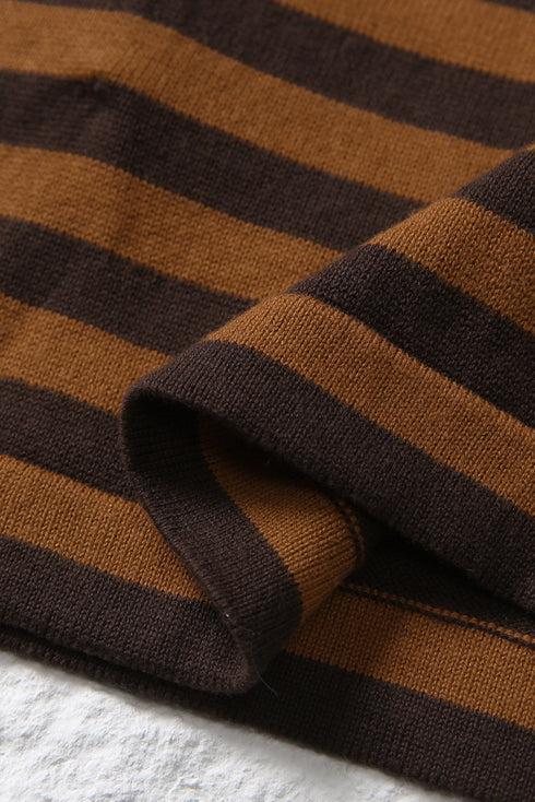 Brown Striped Knit Quarter Zip Hoodie