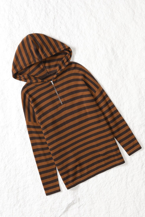 Brown Striped Knit Quarter Zip Hoodie