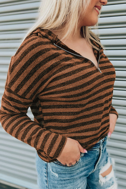 Brown Striped Knit Quarter Zip Hoodie