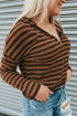 Brown Striped Knit Quarter Zip Hoodie