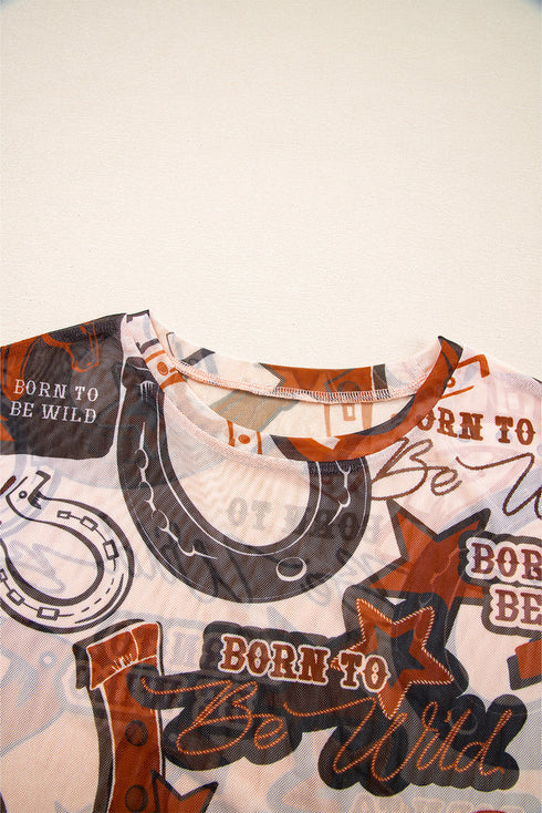 Brown Western Horseshoe Printed Mesh T Shirt