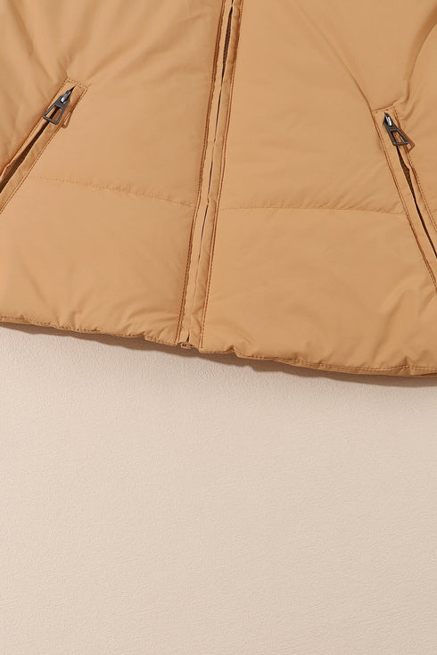 Brown Zip Up Pocketed Puffer Coat