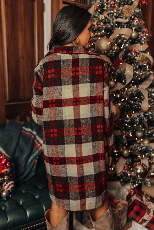 Brushed Plaid Button Front Side Slit Tunic Shacket