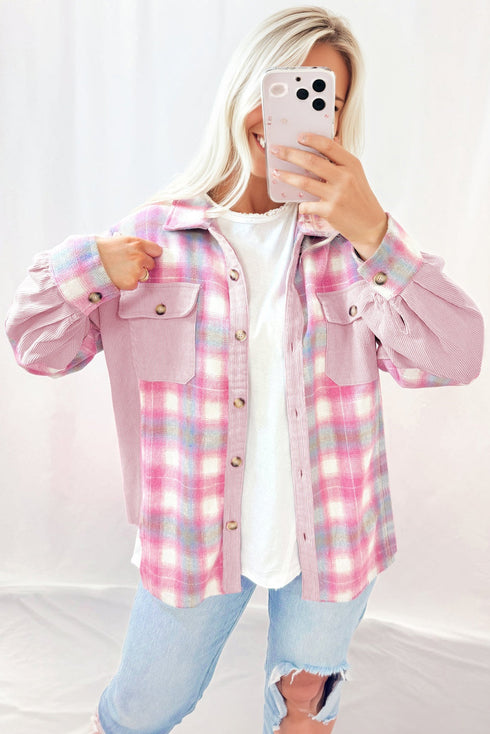 Brushed Plaid Corduroy Patchwork Flap Pocket Shacket
