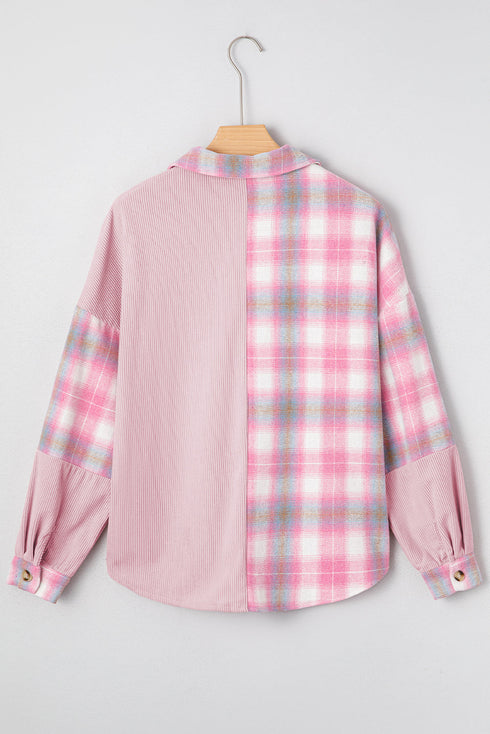 Brushed Plaid Corduroy Patchwork Flap Pocket Shacket