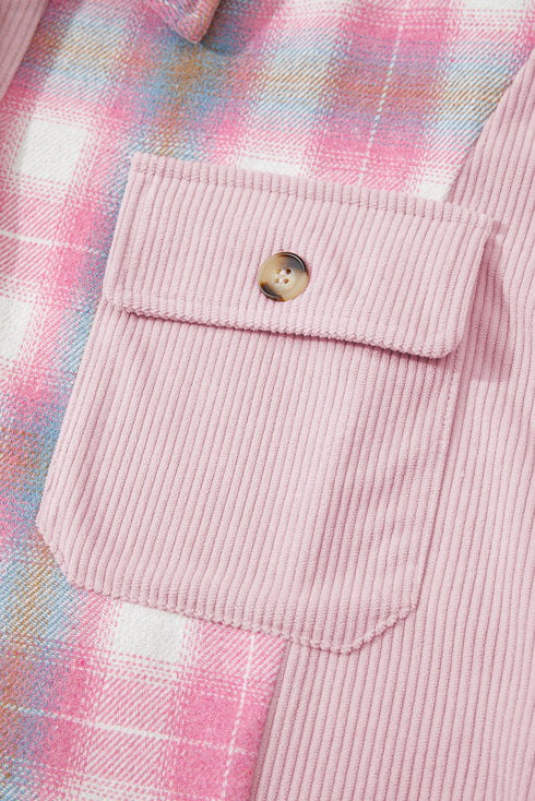 Brushed Plaid Corduroy Patchwork Flap Pocket Shacket