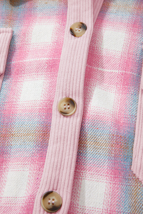 Brushed Plaid Corduroy Patchwork Flap Pocket Shacket