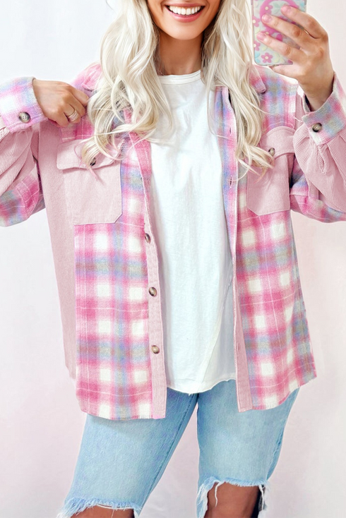 Brushed Plaid Corduroy Patchwork Flap Pocket Shacket