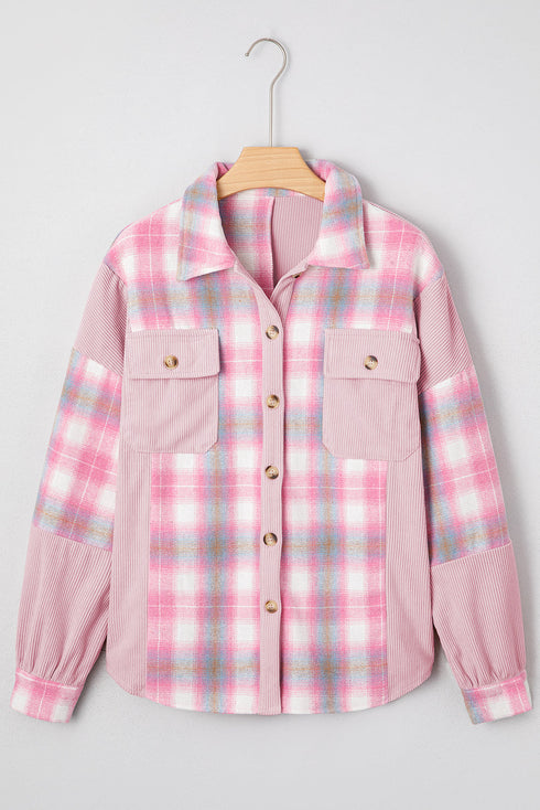 Brushed Plaid Corduroy Patchwork Flap Pocket Shacket
