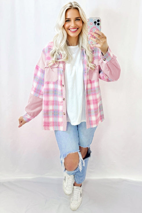 Brushed Plaid Corduroy Patchwork Flap Pocket Shacket