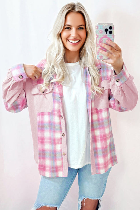 Brushed Plaid Corduroy Patchwork Flap Pocket Shacket