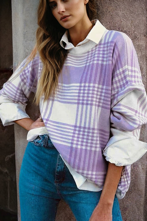 Brushed Plaid Pattern Mock Layer Long Sleeve Top
