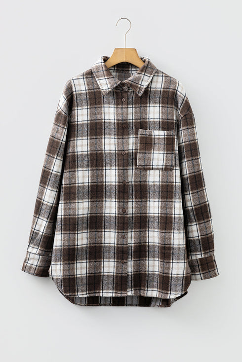 Brushed Plaid Single Pocket Boyfriend Oversized Shacket