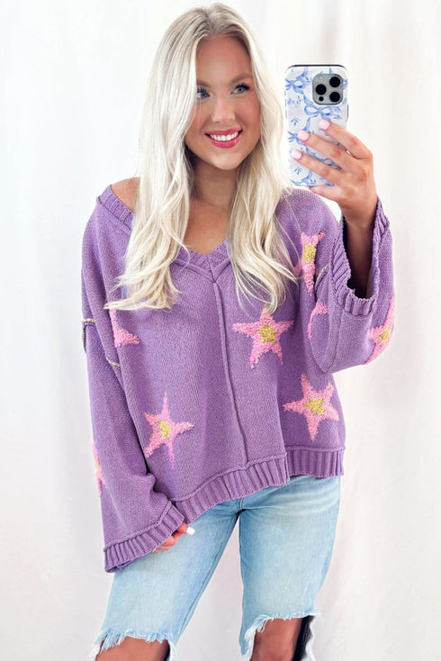 Brushed Star Graphic V Neck Drop Shoulder Oversize Sweater