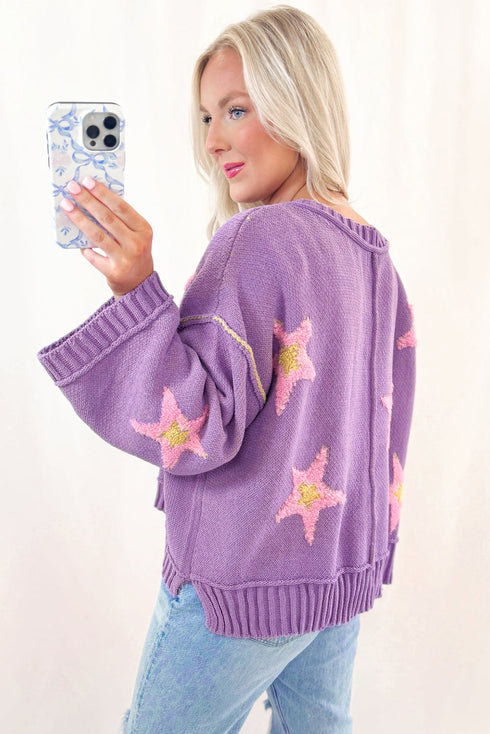 Brushed Star Graphic V Neck Drop Shoulder Oversize Sweater