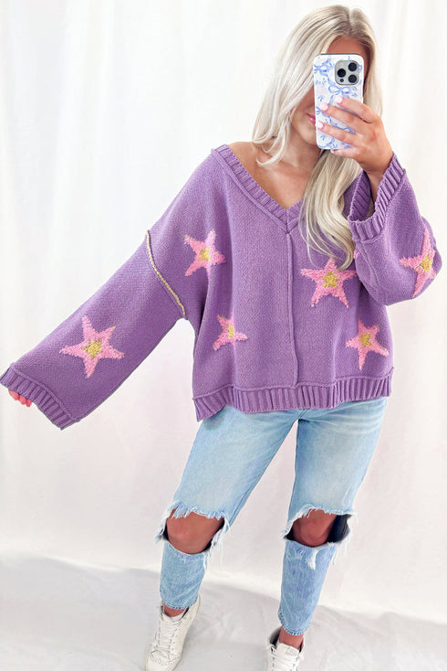 Brushed Star Graphic V Neck Drop Shoulder Oversize Sweater
