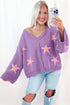 Brushed Star Graphic V Neck Drop Shoulder Oversize Sweater
