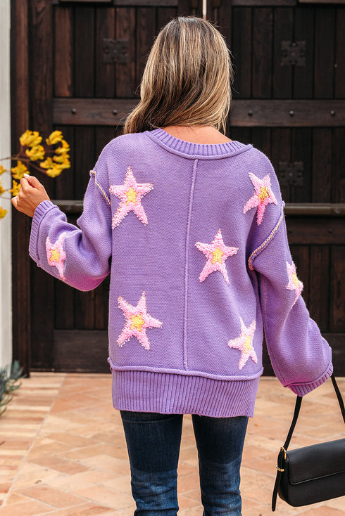 Brushed Star Graphic V Neck Drop Shoulder Oversize Sweater