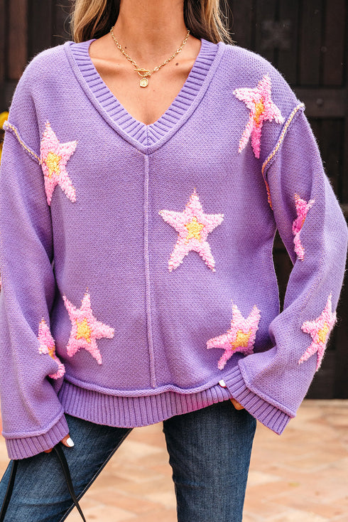 Brushed Star Graphic V Neck Drop Shoulder Oversize Sweater