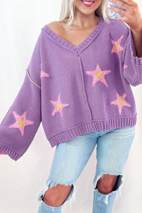 Brushed Star Graphic V Neck Drop Shoulder Oversize Sweater