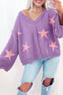 Brushed Star Graphic V Neck Drop Shoulder Oversize Sweater