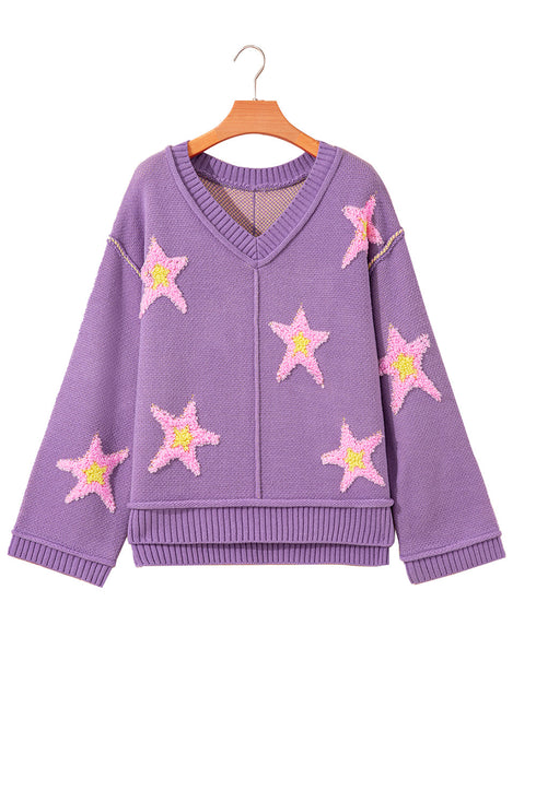 Brushed Star Graphic V Neck Drop Shoulder Oversize Sweater