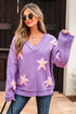 Brushed Star Graphic V Neck Drop Shoulder Oversize Sweater