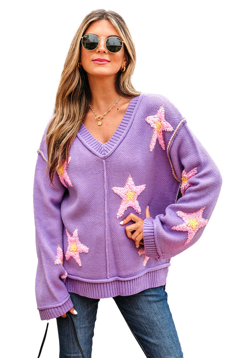 Brushed Star Graphic V Neck Drop Shoulder Oversize Sweater