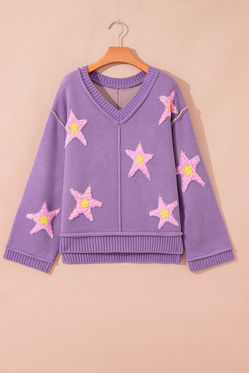 Brushed Star Graphic V Neck Drop Shoulder Oversize Sweater