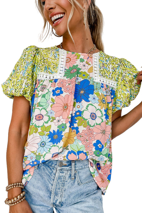 Bubble Sleeve Lace Trim Floral Mixed Print Blouse