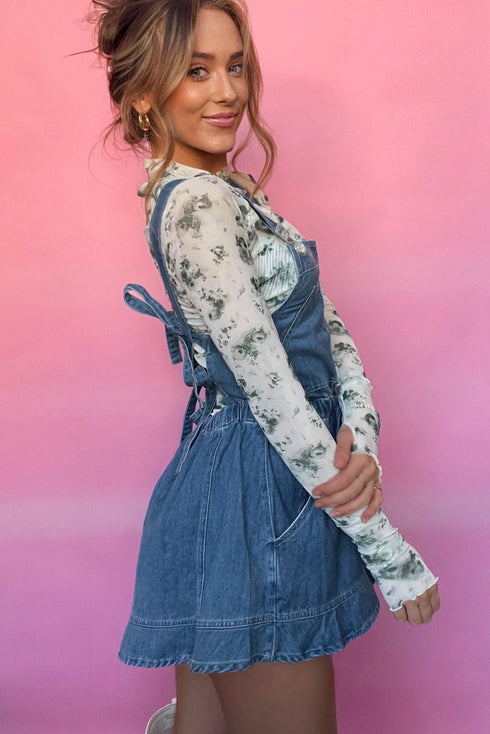 Buckle Strap Backless Drawstring Flared Denim Romper
